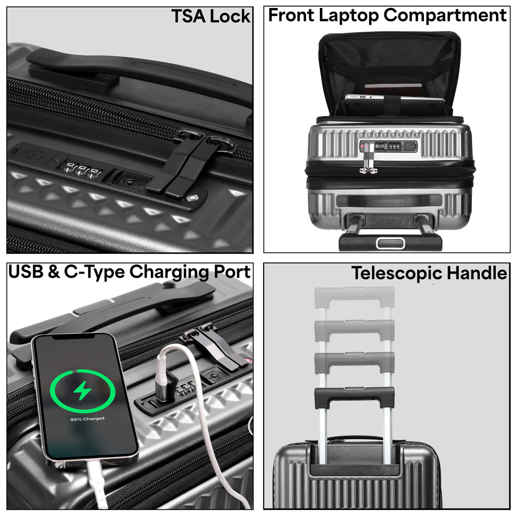 EverBest 22 Inch Grey Suitcase Trolley Bag with Laptop Compartment | Hard Shell Cabin Luggage with Spinner Wheels & USB Port