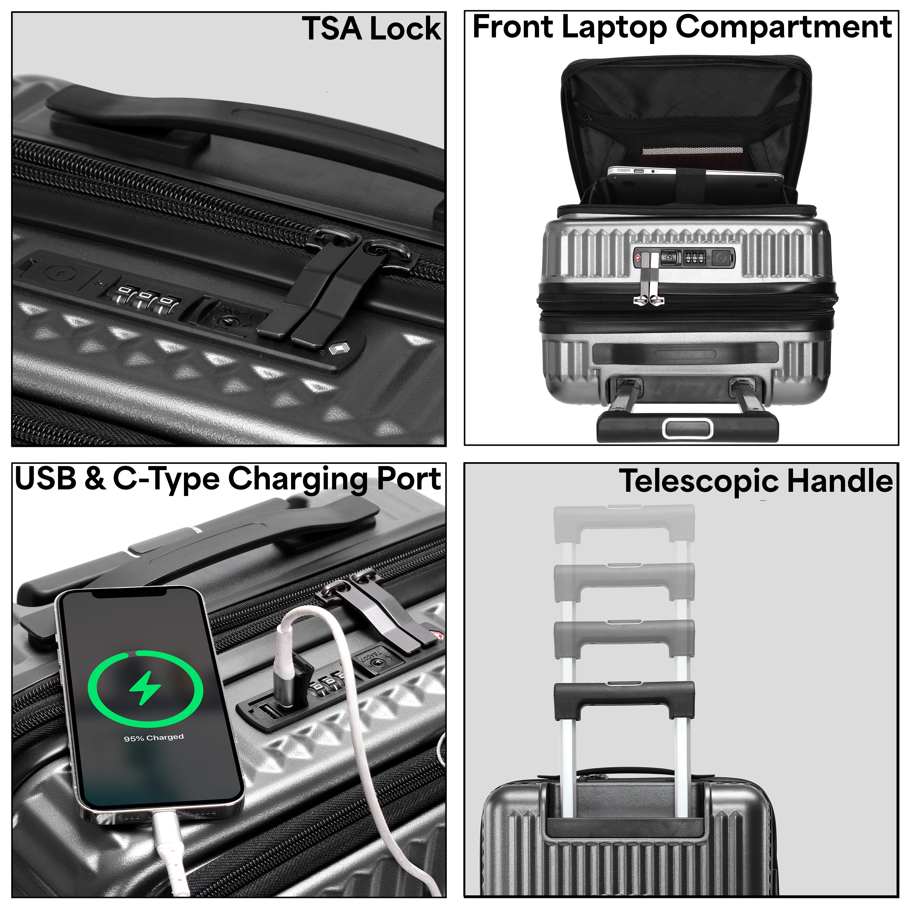EverBest 22 Inch Grey Suitcase Trolley Bag with Laptop Compartment | Hard Shell Cabin Luggage with Spinner Wheels & USB Port