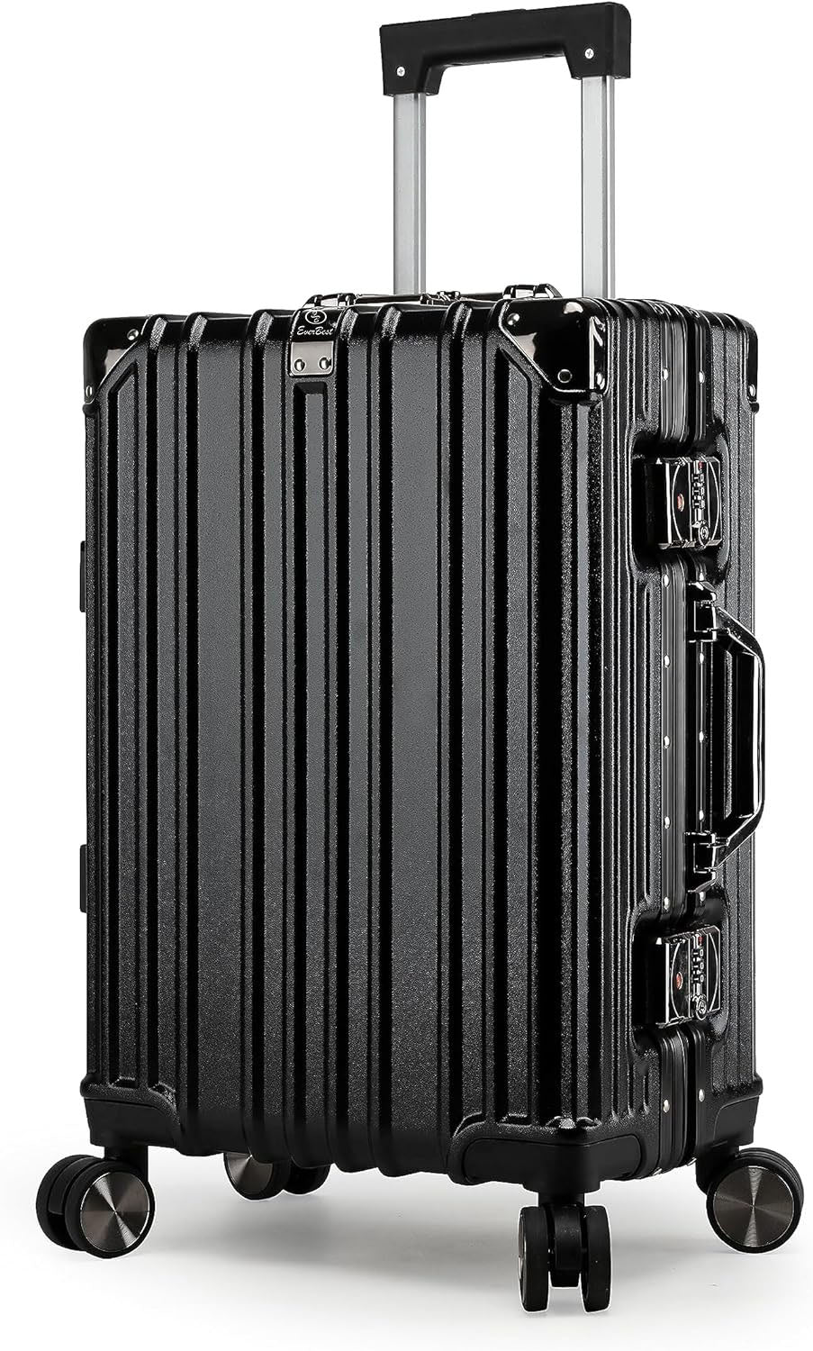 Vintage 22 Inch Black Aluminum Suitcase – Hard Shell Luggage with TSA Lock & Spinner Wheels