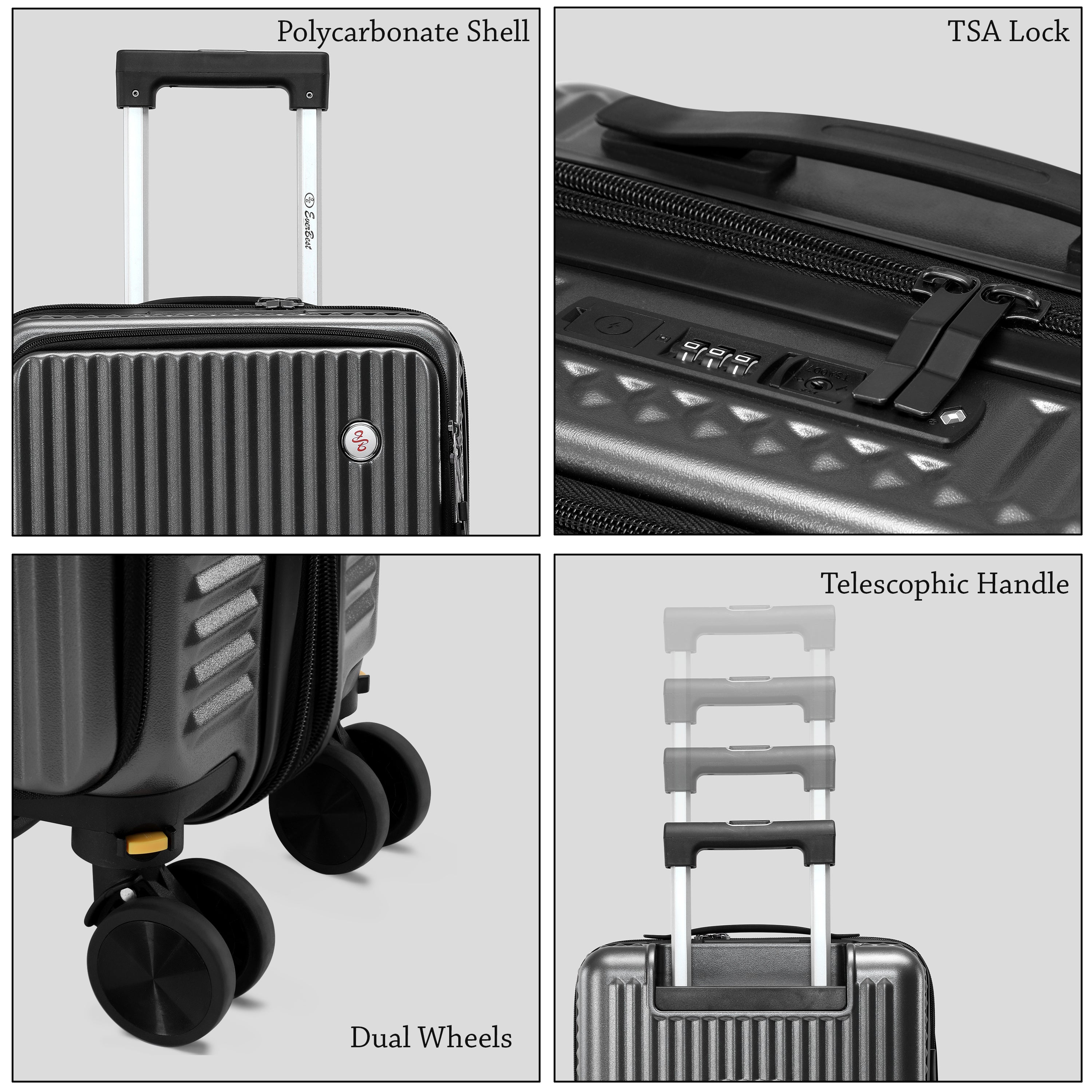 EverBest 22 Inch Grey Suitcase Trolley Bag with Laptop Compartment | Hard Shell Cabin Luggage with Spinner Wheels & USB Port