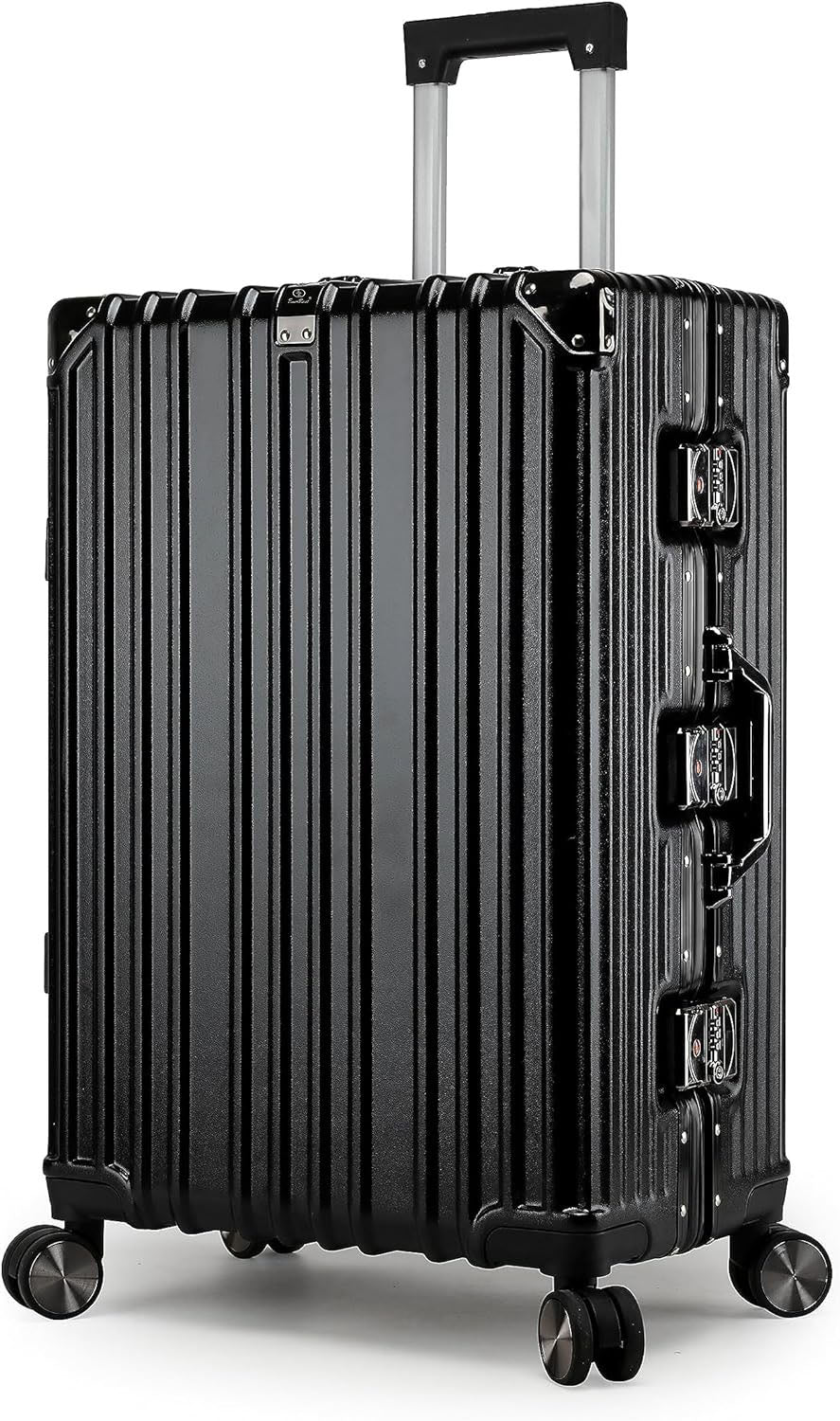 Vintage 26 Inch Black Aluminum Suitcase – Hard Shell Luggage with TSA Lock & Spinner Wheels