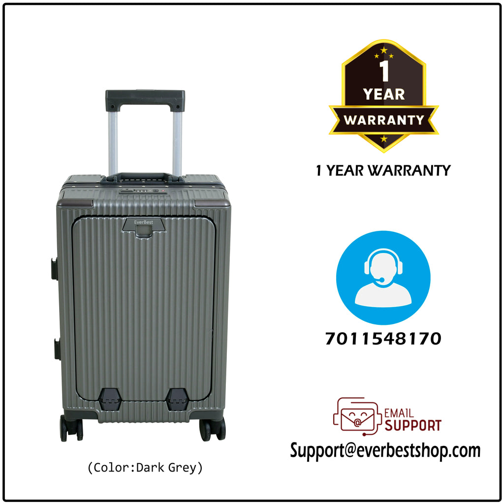 EverBest Executive 22 Inch Grey Cabin Luggage – Laptop Compartment, USB Port, TSA Lock | Aluminium Frame Polycarbonate Hardside Trolley