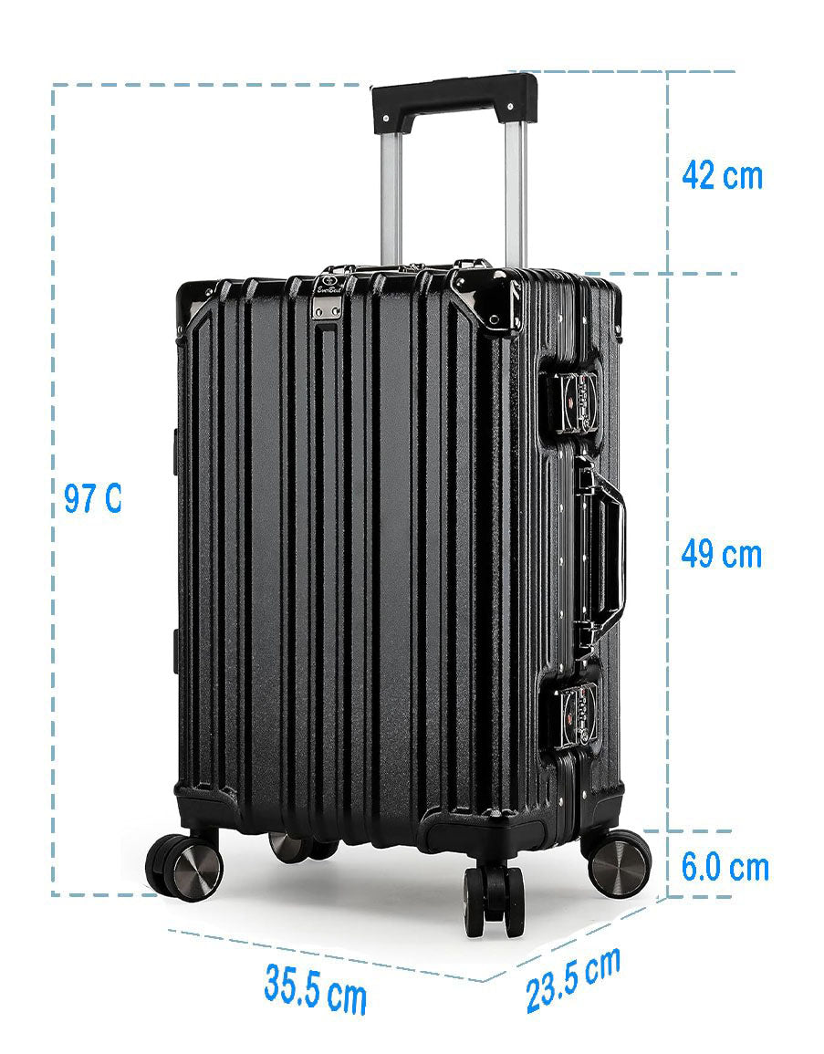 Vintage 22 Inch Black Aluminum Suitcase – Hard Shell Luggage with TSA Lock & Spinner Wheels