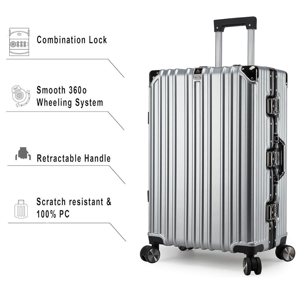 Vintage 22 And 26 Inch Sliver Aluminum Set Of 2 Suitcase  – Hard Shell Luggage with TSA Lock & Spinner Wheels