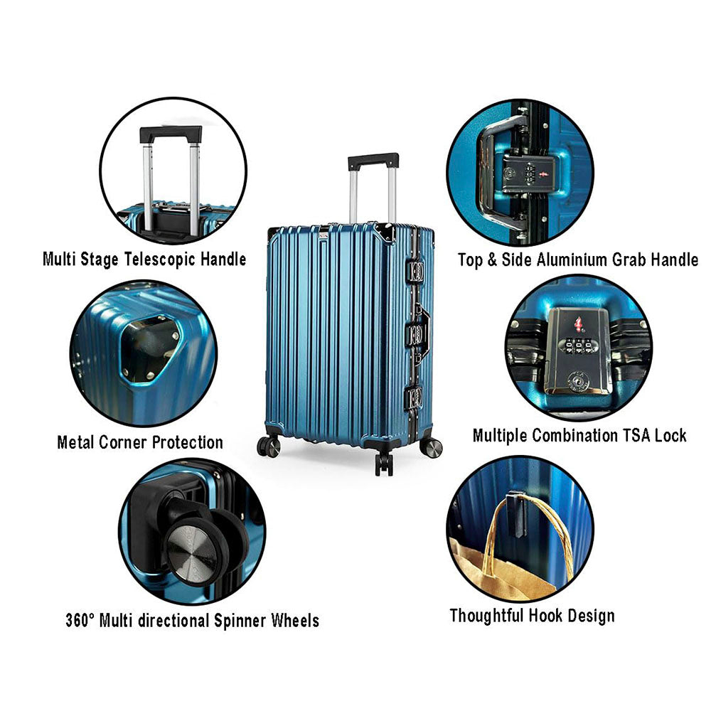 Vintage 22 Inch  Blue Aluminum Suitcase – Hard Shell Luggage with TSA Lock & Spinner Wheels