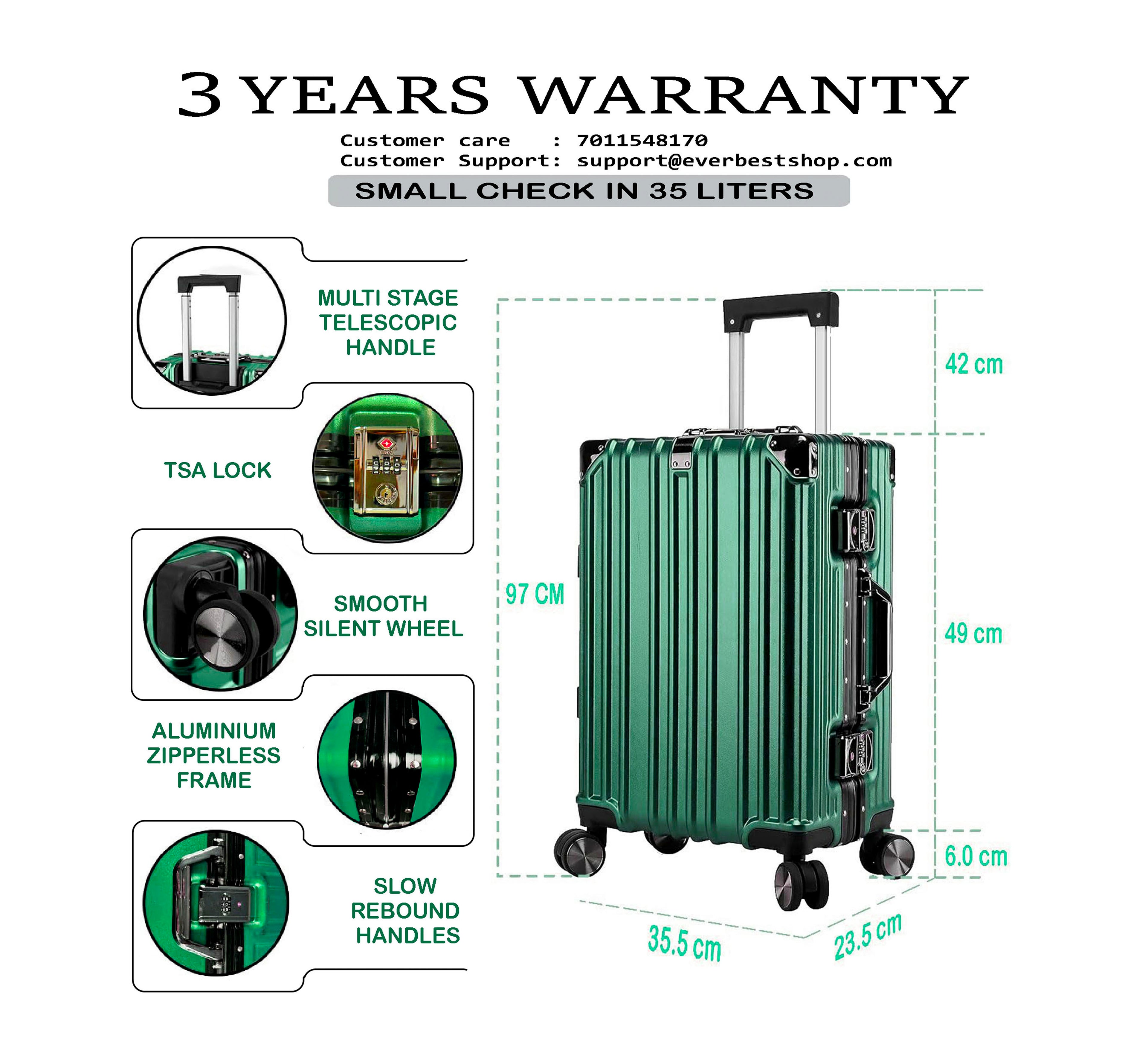 Vintage 22 Inch Green Aluminum Suitcase – Hard Shell Luggage With TSA Lock & Spinner Wheels