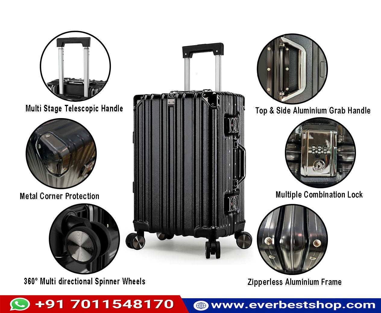 Vintage 22 Inch Black Aluminum Suitcase – Hard Shell Luggage with TSA Lock & Spinner Wheels