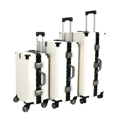 EB EVER BEST-Series Of Bags Polycarbonate Hard Case Aluminum Frame Suitcase with USB Port, Cup Holder, Phone Holder, Lightweight, 4 Quite 360° Double Wheels Trolley Bag, White, Set of 3 (20/24/28