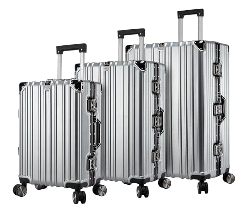 EB EVER BEST-Series Of Bags EverBest® Polycarbonate Hard Case Aluminum Frame Suitcase, 4 Quite 360° Double Wheels Trolley Bag with TSA Lock, Silver, Set of 3 (22/26/30 inch), Travel Accessories