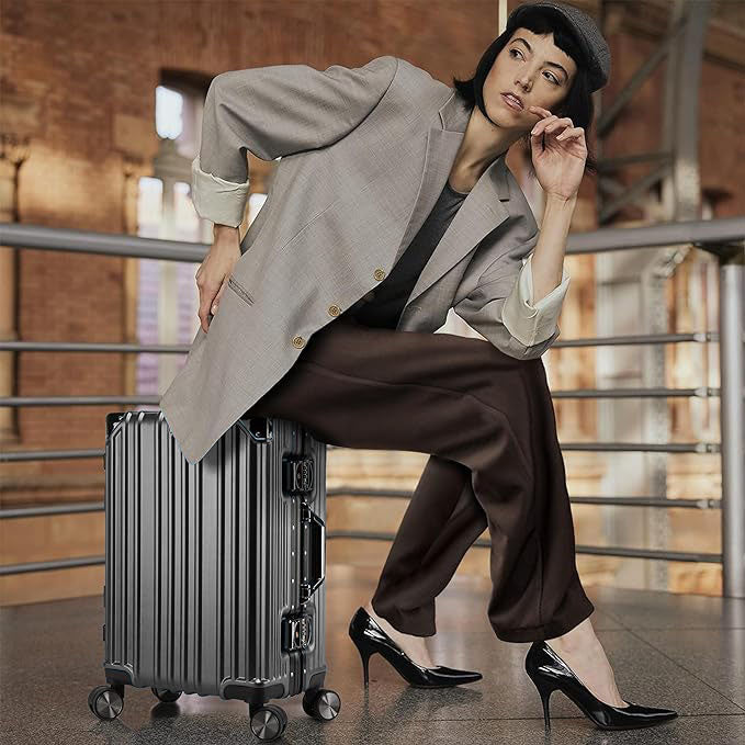 Vintage 22 Inch Grey Aluminum Suitcase – Hard Shell Luggage with TSA Lock & Spinner Wheels