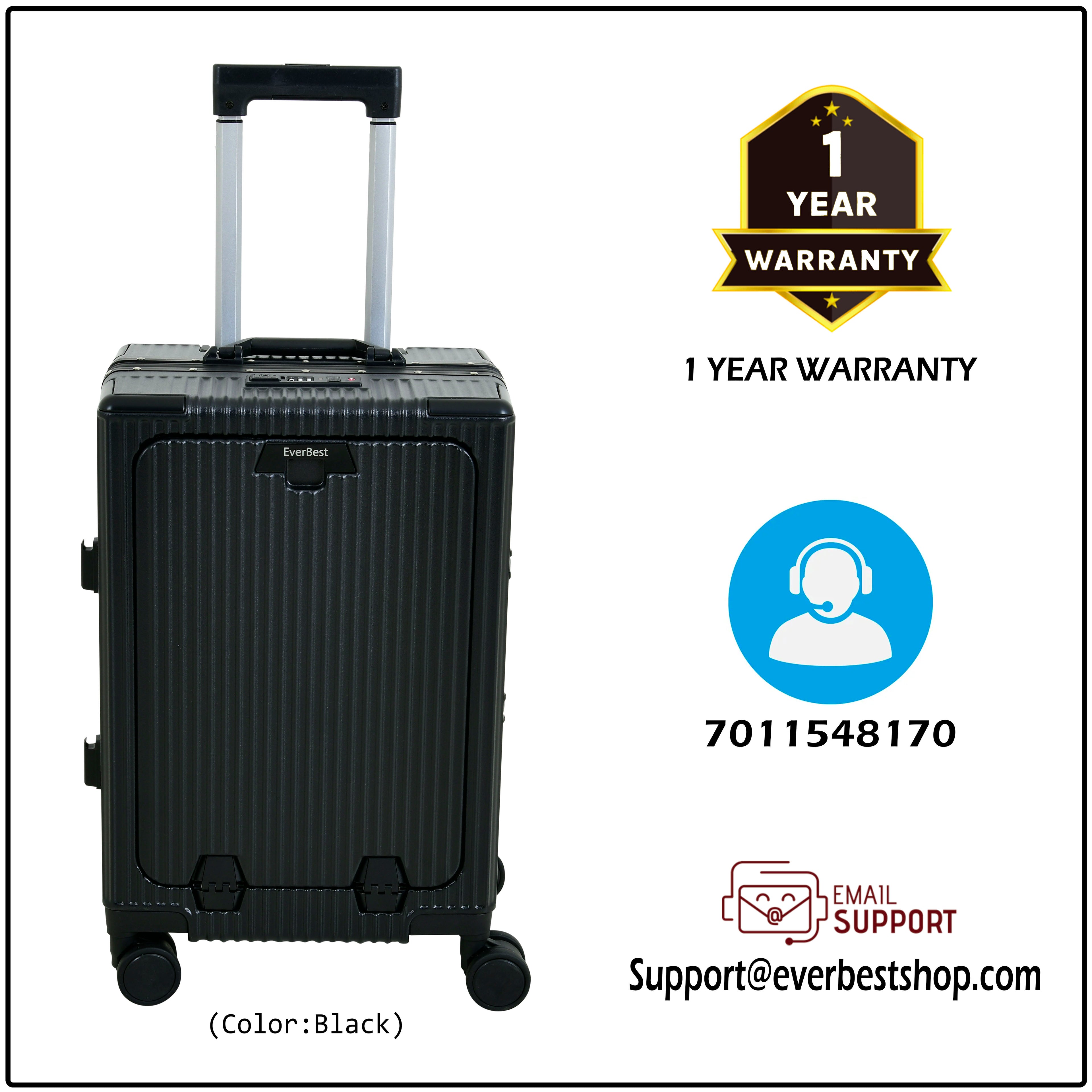 EverBest Executive 22 Inch Black Cabin Luggage – Laptop Compartment, USB Port, TSA Lock | Aluminium Frame Polycarbonate Hardside Trolley