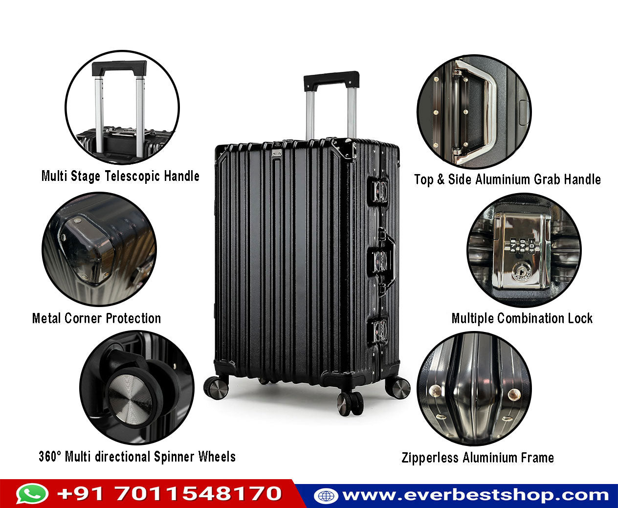 Vintage 26 Inch Black Aluminum Suitcase – Hard Shell Luggage with TSA Lock & Spinner Wheels