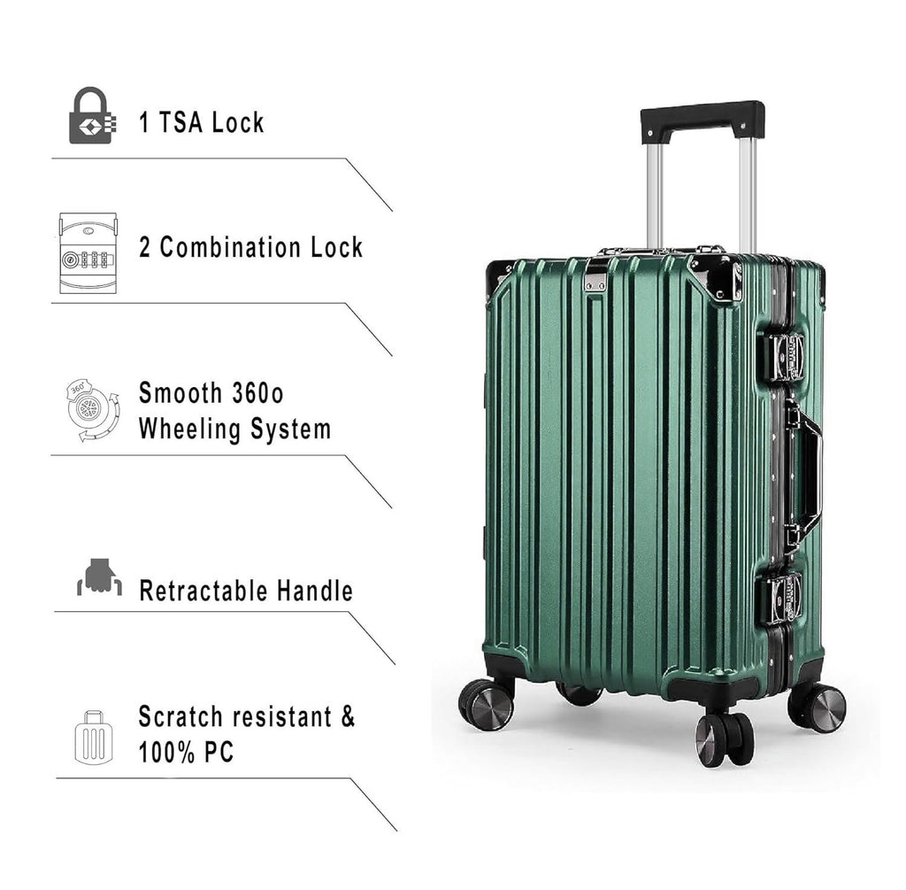 Vintage 22 And 26 Inch Green Aluminum Set Of 2 Suitcase  – Hard Shell Luggage with TSA Lock & Spinner Wheels