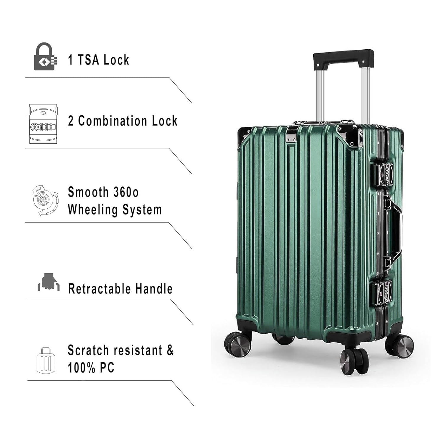 Vintage 26 Inch Green Aluminum Suitcase – Hard Shell Luggage With TSA Lock & Spinner Wheels