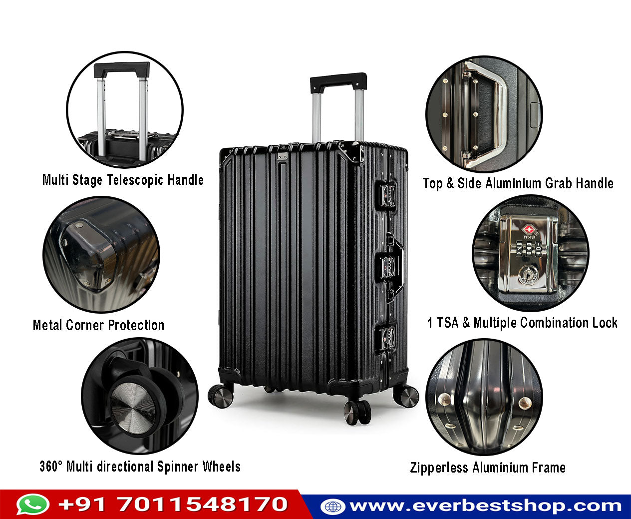 Vintage 26 Inch Black Aluminum Suitcase – Hard Shell Luggage with TSA Lock & Spinner Wheels