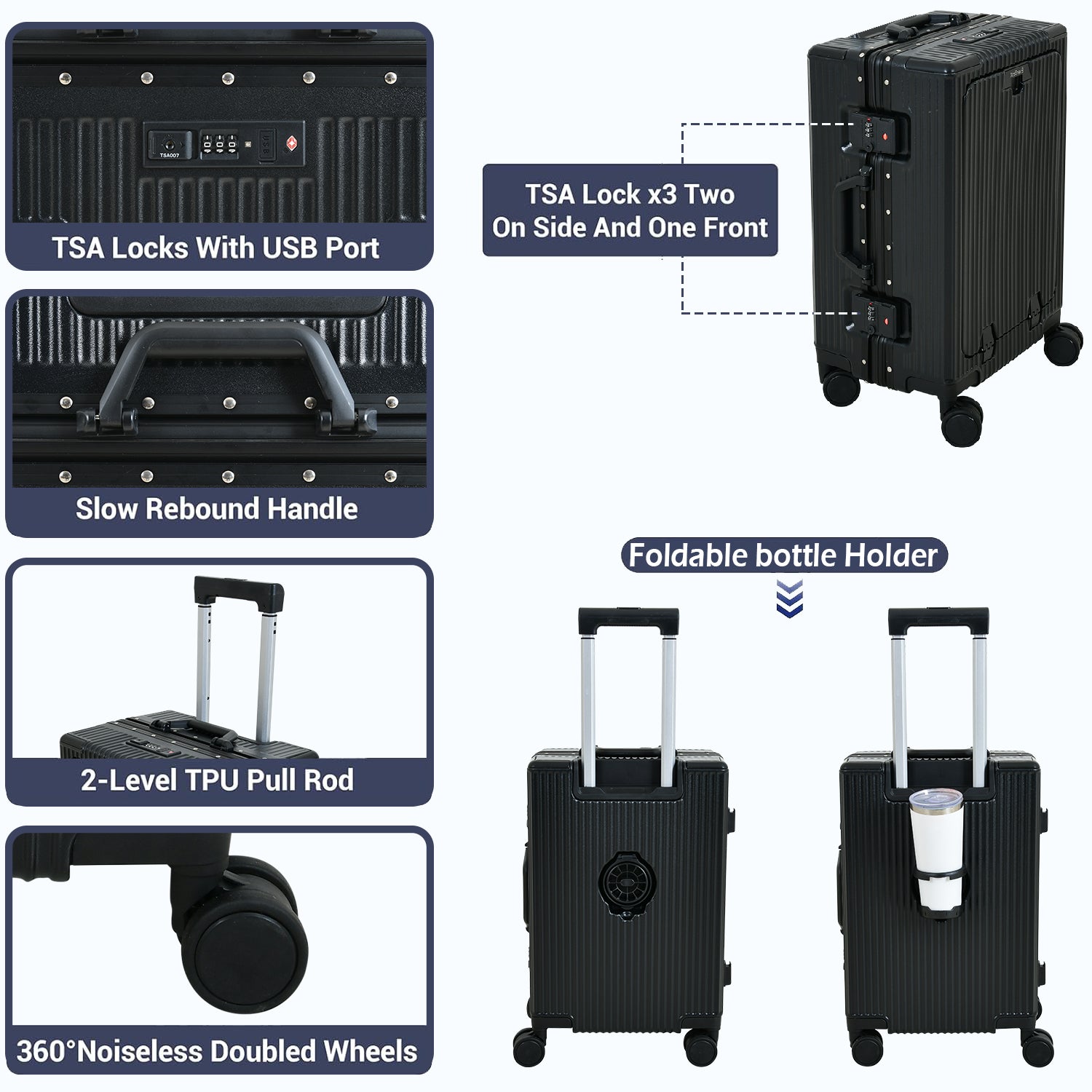 EverBest Executive 22 Inch Black Cabin Luggage – Laptop Compartment, USB Port, TSA Lock | Aluminium Frame Polycarbonate Hardside Trolley