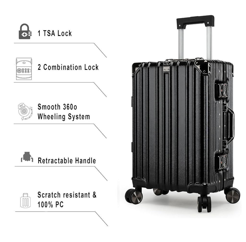 Vintage 22 Inch Black Aluminum Suitcase – Hard Shell Luggage with TSA Lock & Spinner Wheels