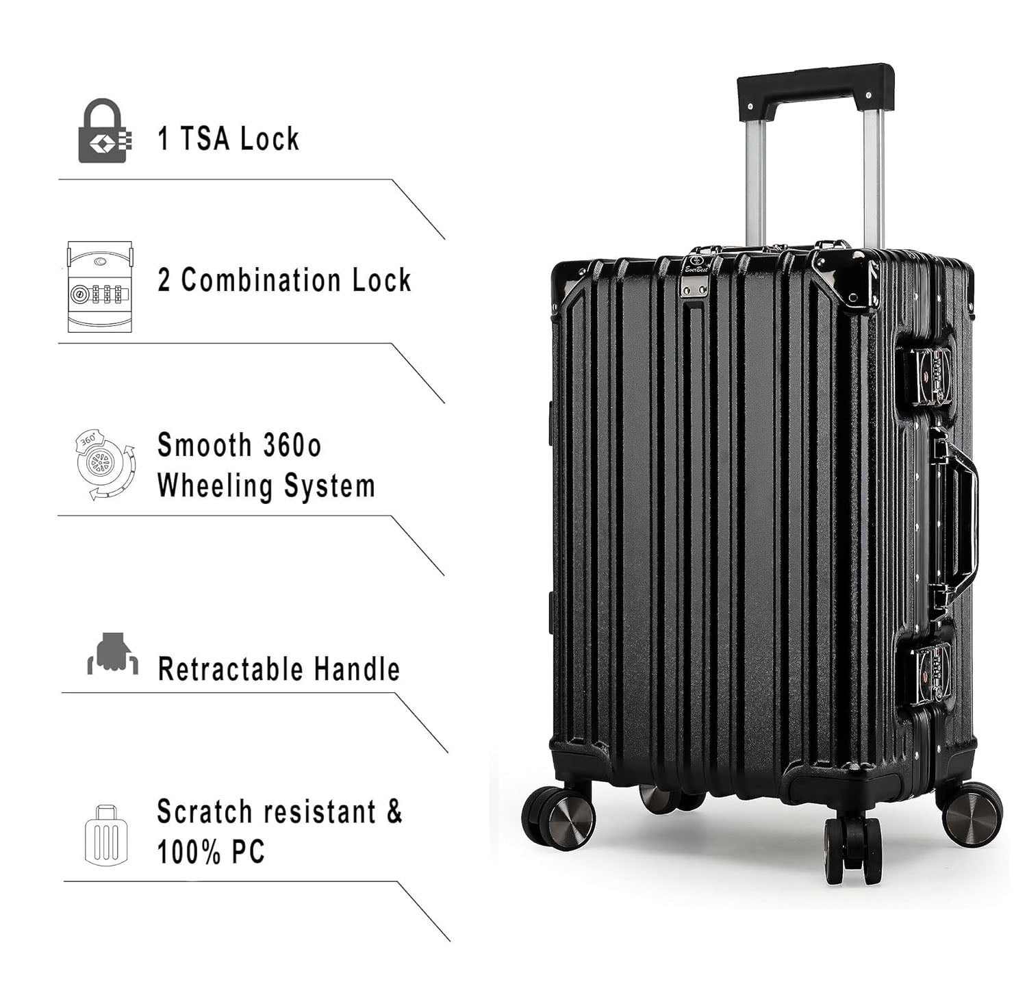 Vintage 22 Inch Black Aluminum Suitcase – Hard Shell Luggage with TSA Lock & Spinner Wheels
