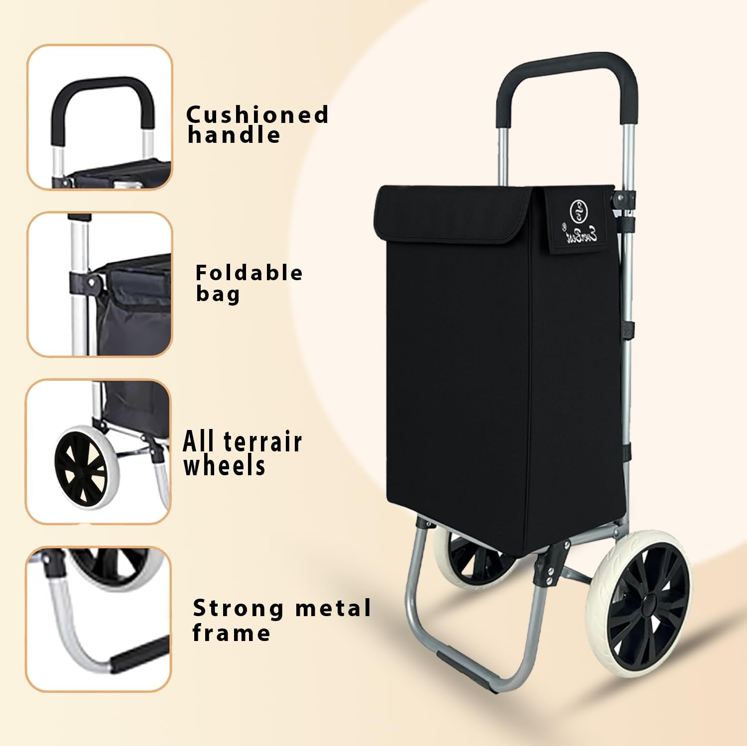 EverBest® Shopping Trolley Bag with Wheels | Grocery, Fruits, Vegetables, Laundry | 45 Litre Capacity (Black)