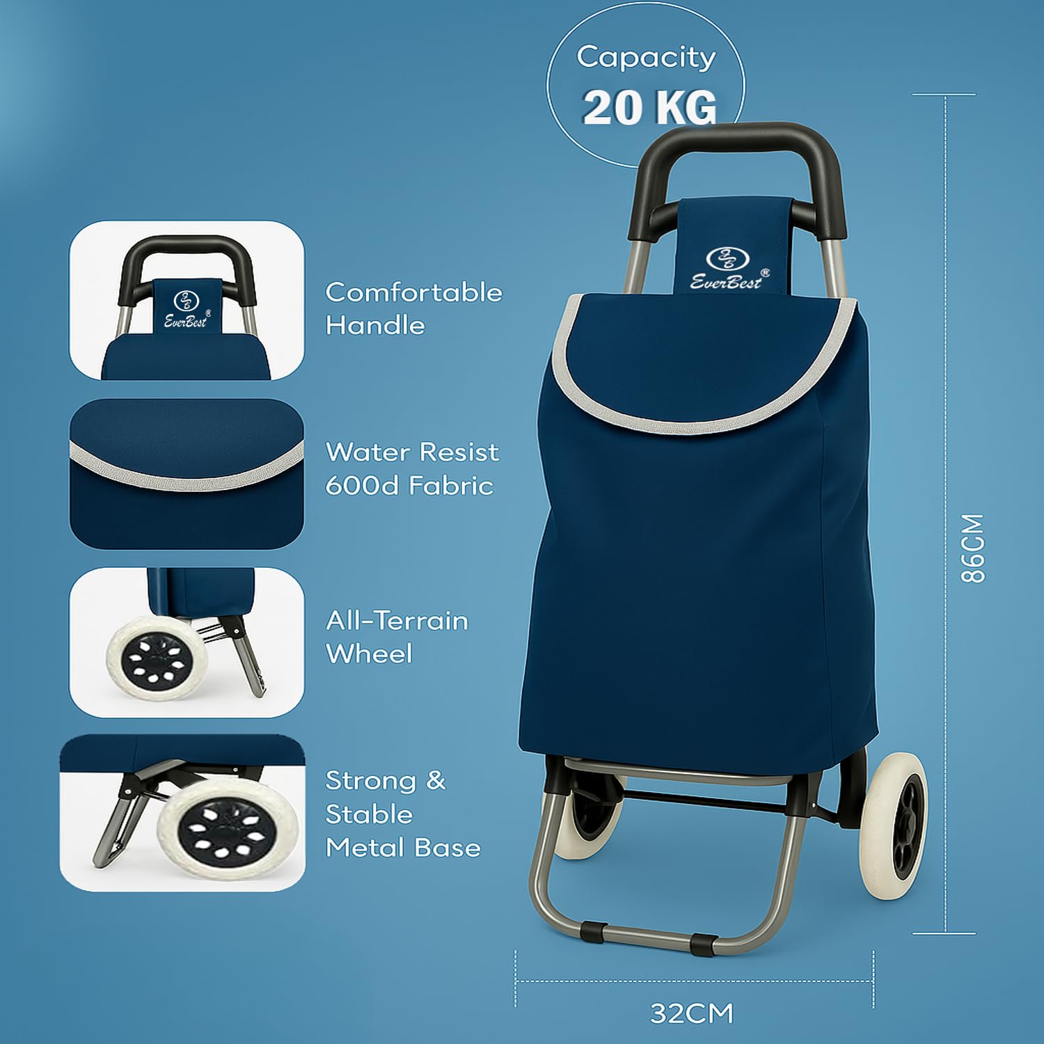 Everbest Shopping Trolley Bag with 2 Wheels | Foldabe and Collapsible | Grocery Bag for Fruits and Vegetables | Removable Luggaage Bag with 38 litres Capacity