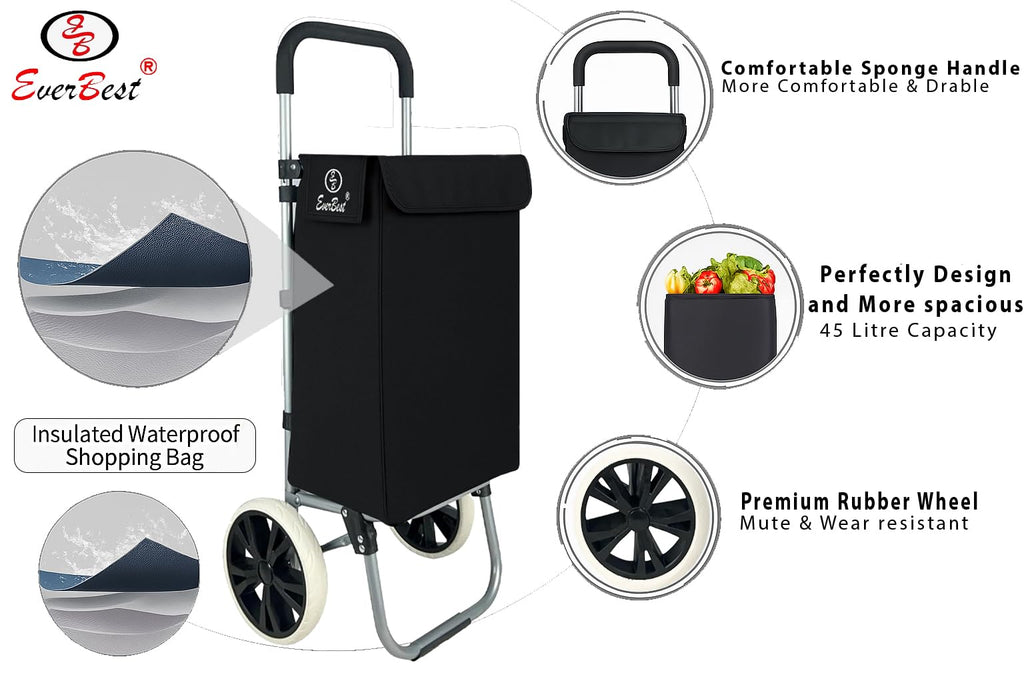 EverBest® Shopping Trolley Bag with Wheels | Grocery, Fruits, Vegetables, Laundry | 45 Litre Capacity (Black)