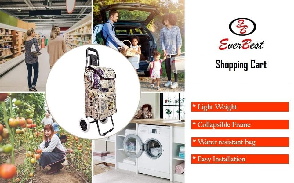 Eb Ever Best-Series Of Bags Foldable Shopping Trolley Bag with Wheels, Grocery, Fruits & Vegetables Cartbasket, 38 litres Capacity, Beige