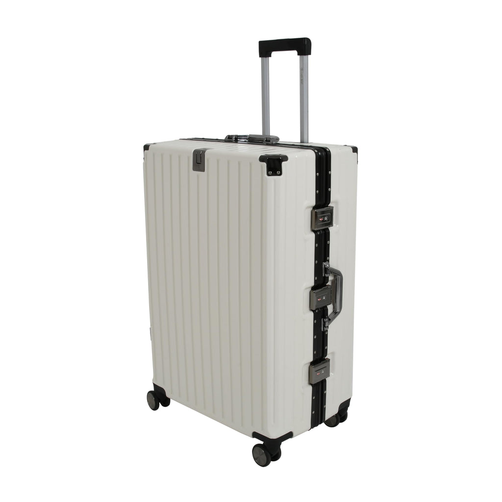 EB EVER BEST-Series Of Bags Polycarbonate Hard Case Aluminum Frame Suitcase with USB Port, Cup Holder, Phone Holder, Lightweight, 4 Quite 360° Double Wheels Trolley Bag, White, Set of 3 (20/24/28