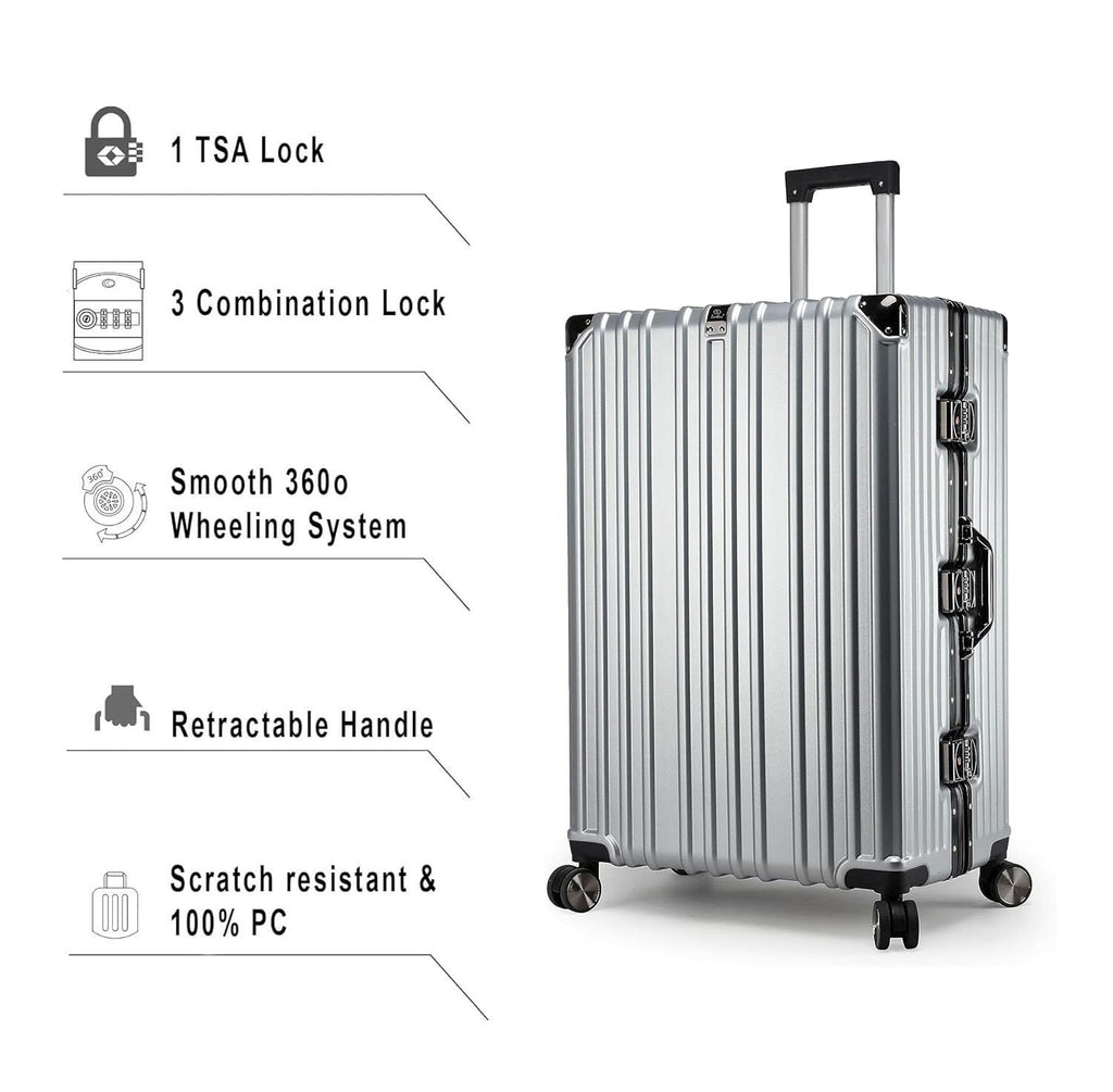 EB EVER BEST-Series Of Bags EverBest® Polycarbonate Hard Case Aluminum Frame Suitcase, 4 Quite 360° Double Wheels Trolley Bag with TSA Lock, Silver, Set of 3 (22/26/30 inch), Travel Accessories