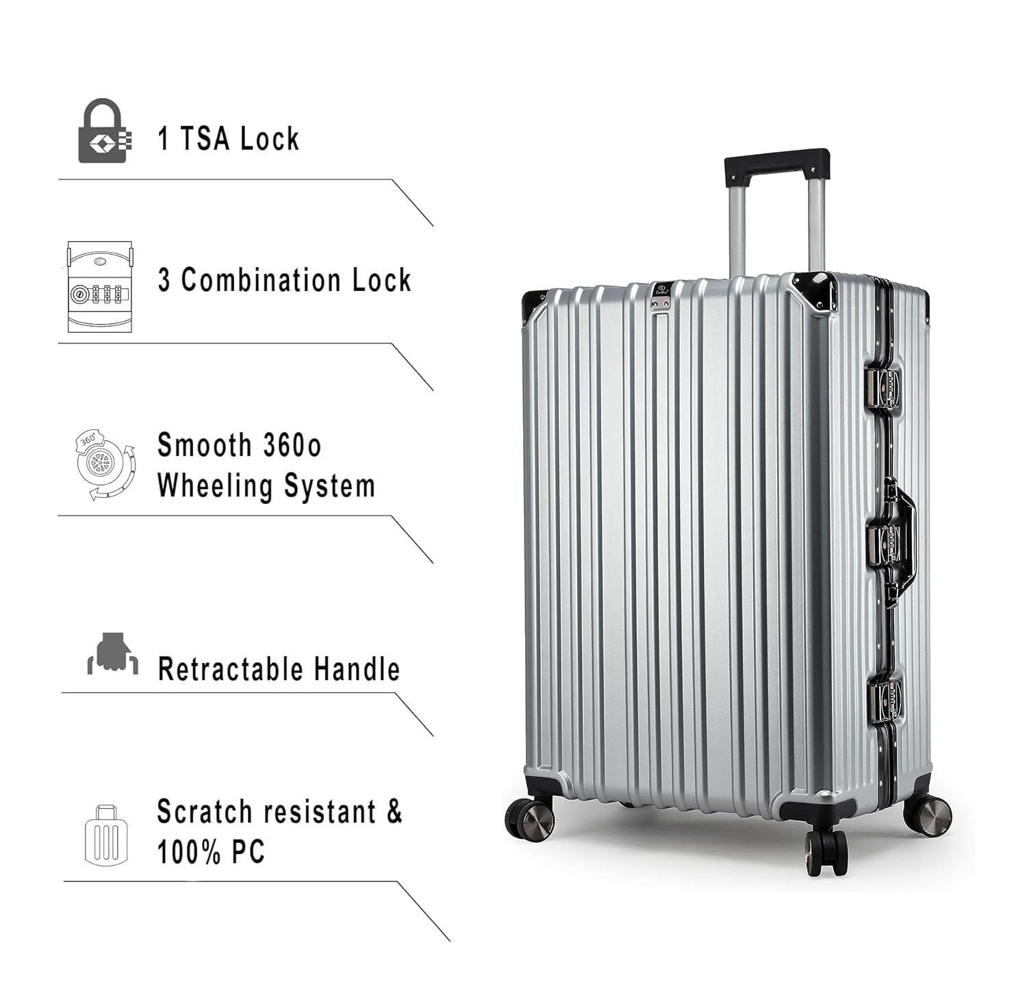 EB EVER BEST-Series Of Bags EverBest® Polycarbonate Hard Case Aluminum Frame Suitcase, 4 Quite 360° Double Wheels Trolley Bag with TSA Lock, Silver, Set of 3 (22/26/30 inch), Travel Accessories