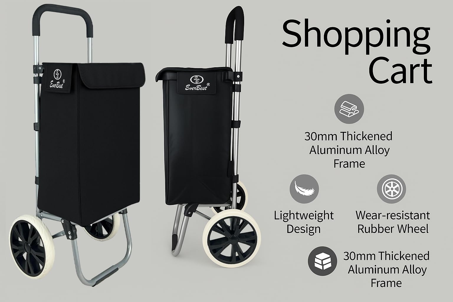 EverBest® Shopping Trolley Bag with Wheels | Grocery, Fruits, Vegetables, Laundry | 45 Litre Capacity (Black)