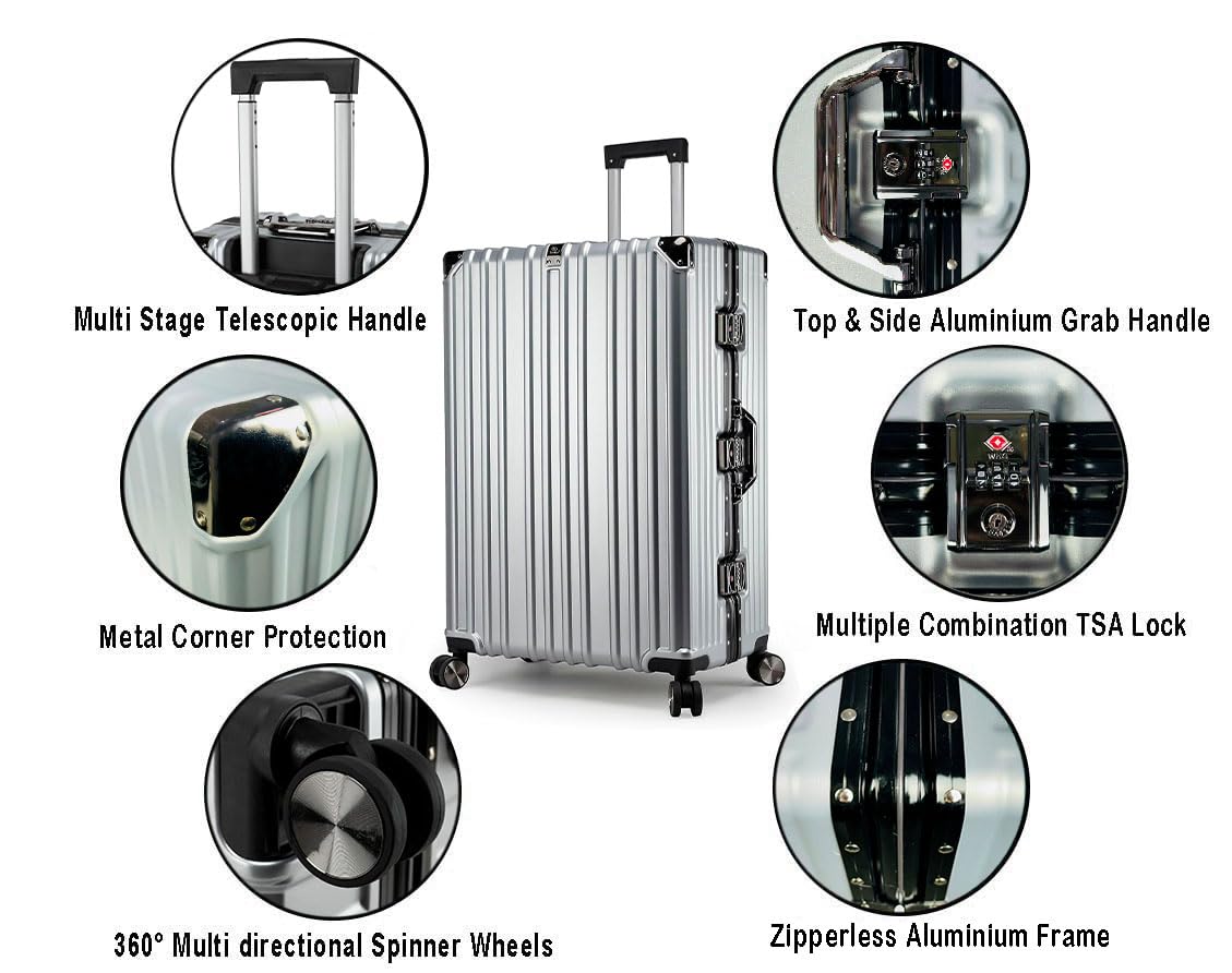 EB EVER BEST-Series Of Bags EverBest® Polycarbonate Hard Case Aluminum Frame Suitcase, 4 Quite 360° Double Wheels Trolley Bag with TSA Lock, Silver, Set of 3 (22/26/30 inch), Travel Accessories