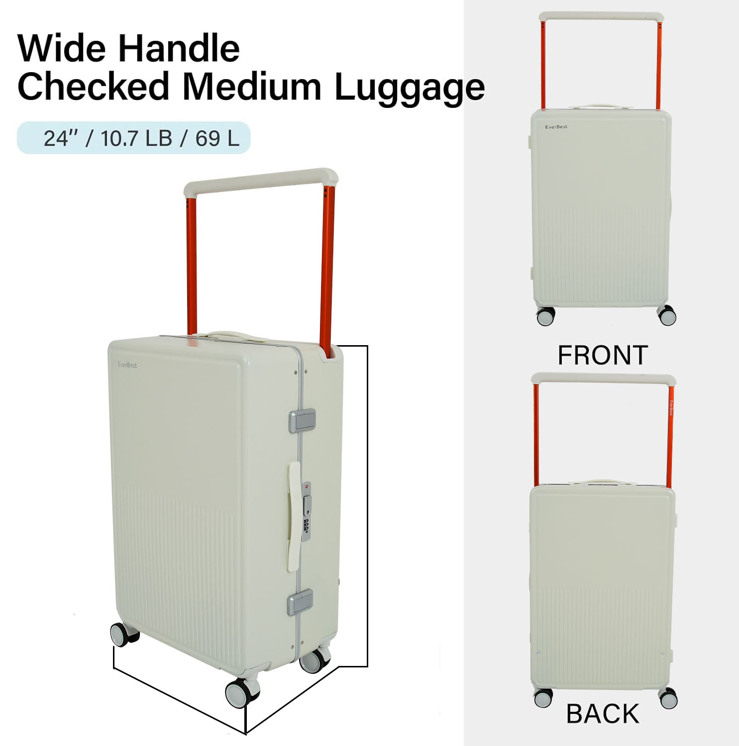 EverBest 22 Inch Polycarbonate Hard Case Zipperless Aluminium Frame White Suitcase