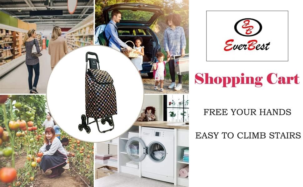 EverBest Stair Climbing Collapsible Shopping Trolley Bag with Wheels | 2 Year Warranty | Grocery, Fruits, Vegetables Basket | Laundry Cart | 38 litres Capacity, Brown Chess, Standard, modern