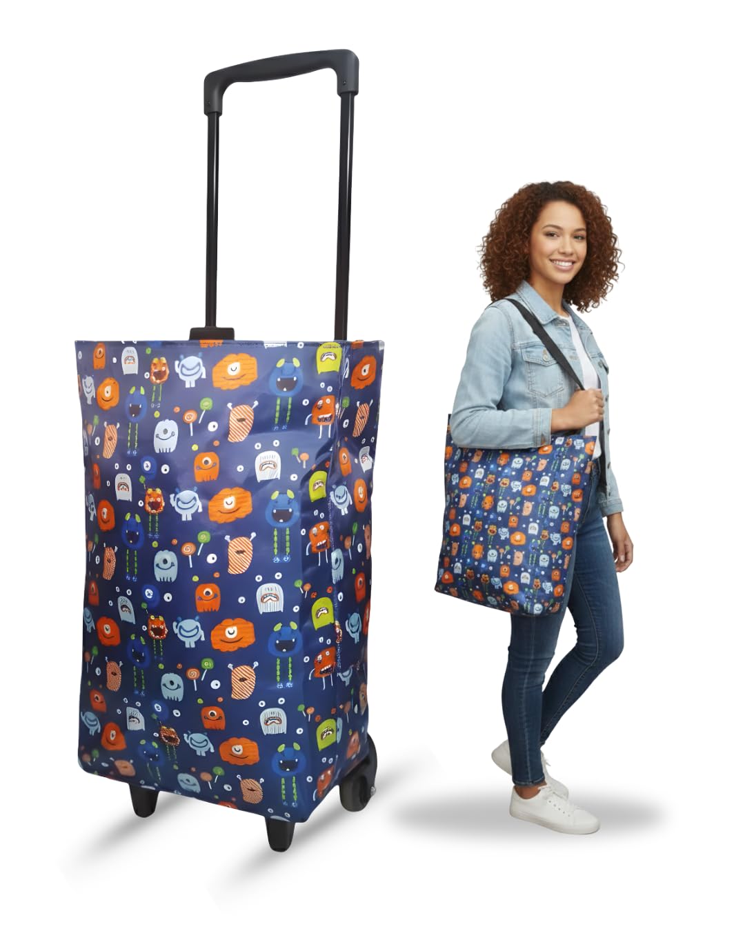 EverBest Foldable Shopping Bag with Wheels Folding Shopping Trolley Tote Bag on Wheels Collapsible Shopping Cart (Blue)