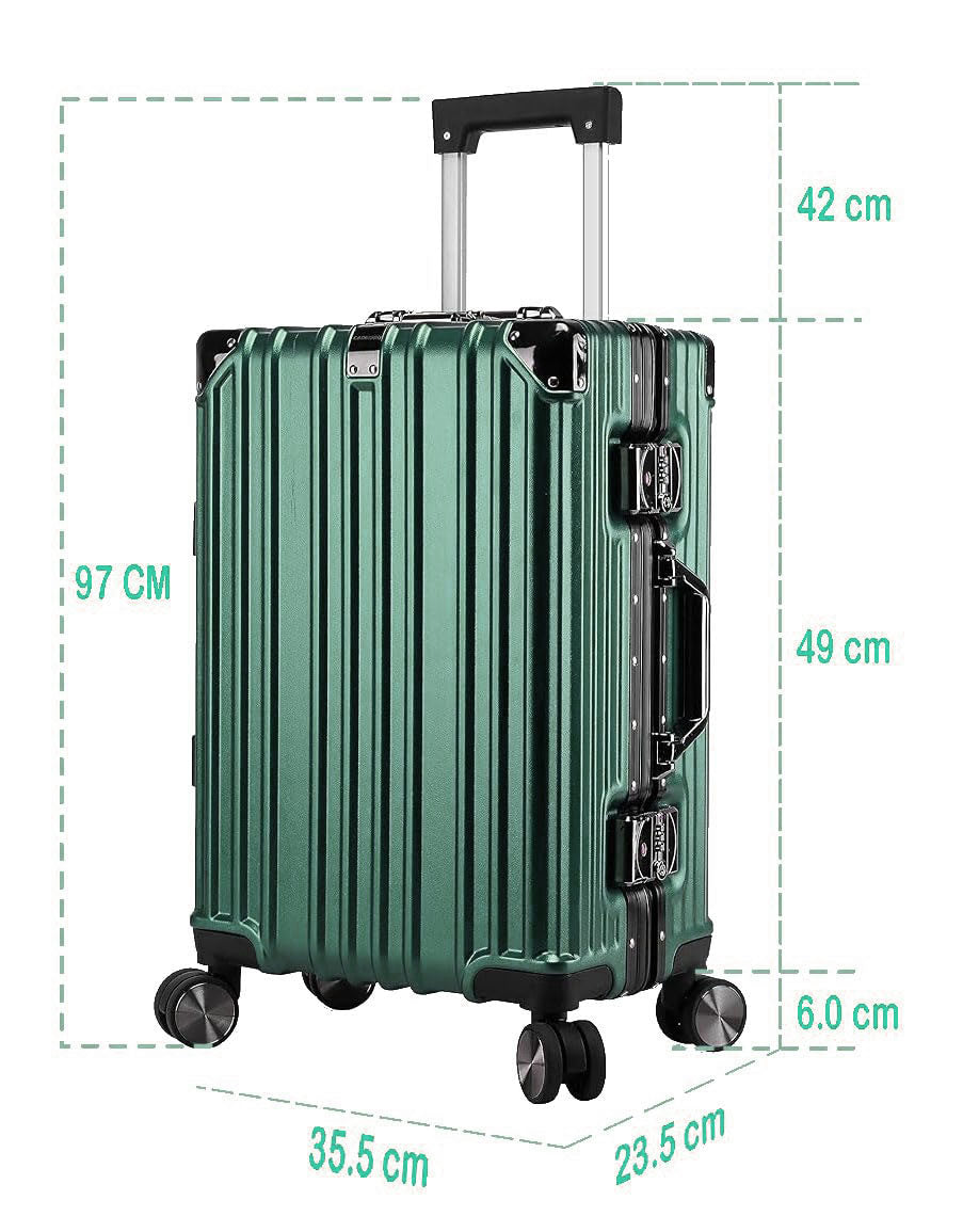 Vintage 22 Inch Green Aluminum Suitcase – Hard Shell Luggage With TSA Lock & Spinner Wheels