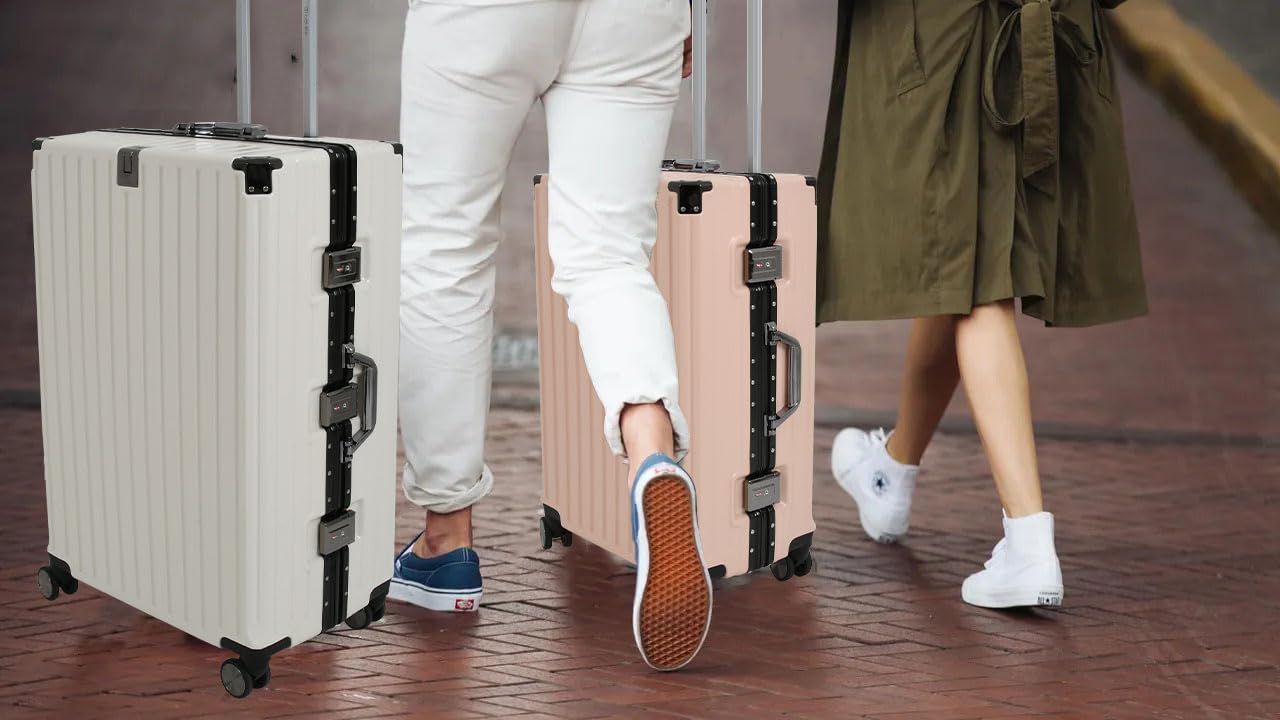 EB EVER BEST-Series Of Bags Polycarbonate Hard Case Aluminum Frame Suitcase with USB Port, Cup Holder, Phone Holder, Lightweight, 4 Quite 360° Double Wheels Trolley Bag, White, Set of 3 (20/24/28