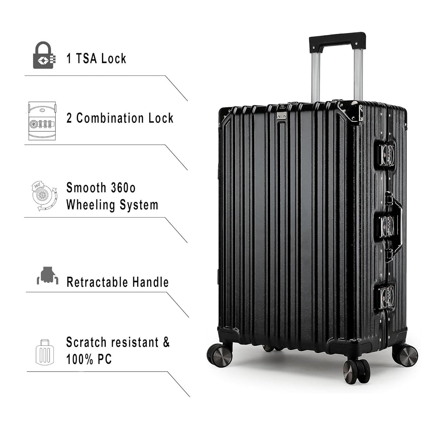 Vintage 26 Inch Black Aluminum Suitcase – Hard Shell Luggage with TSA Lock & Spinner Wheels
