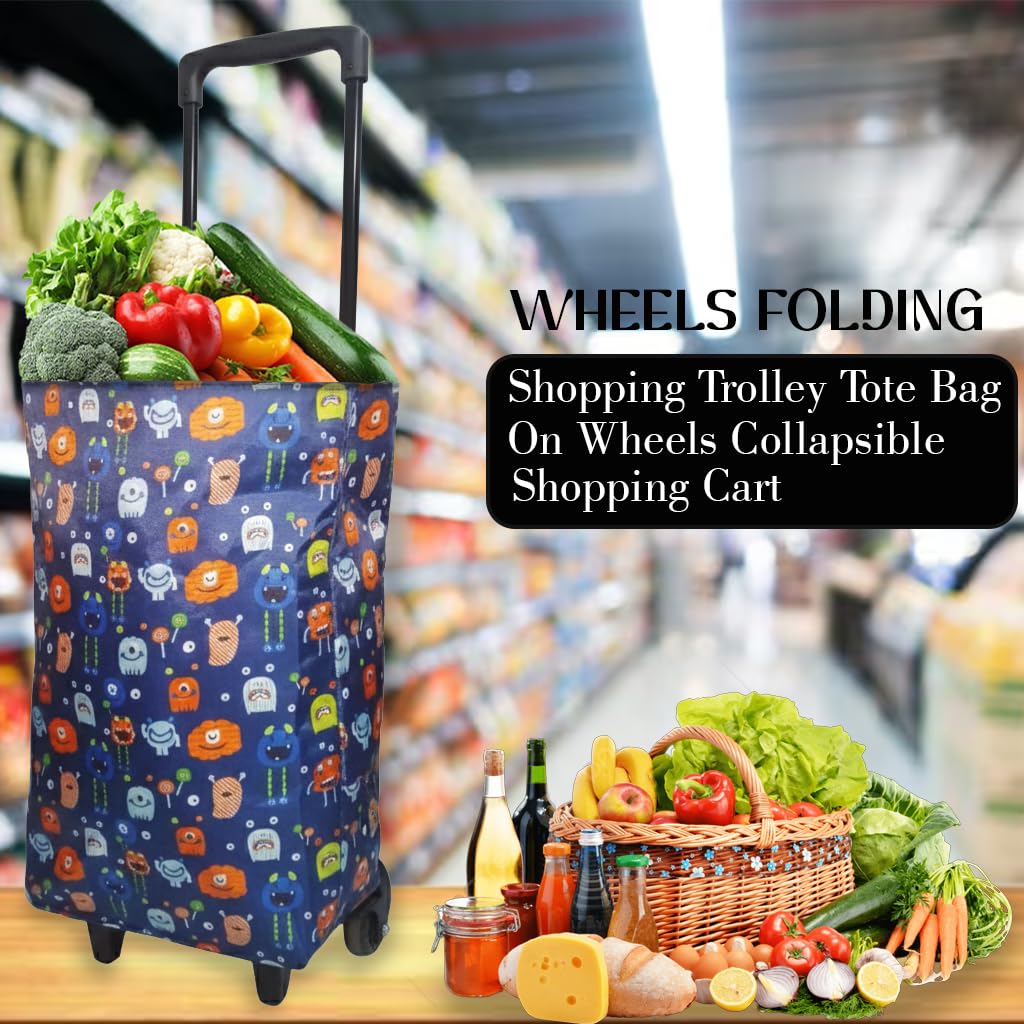EverBest Foldable Shopping Bag with Wheels Folding Shopping Trolley Tote Bag on Wheels Collapsible Shopping Cart (Blue)