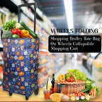 EverBest Foldable Shopping Bag with Wheels Folding Shopping Trolley Tote Bag on Wheels Collapsible Shopping Cart (Blue)