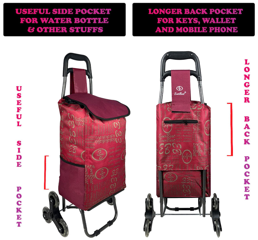 EverBest Stair Climbing Collapsible Shopping Trolley Bag with Wheels | 2 Year Warranty | Grocery, Fruits, Vegetables Basket | Laundry Cart | 38 litres Capacity (Red)