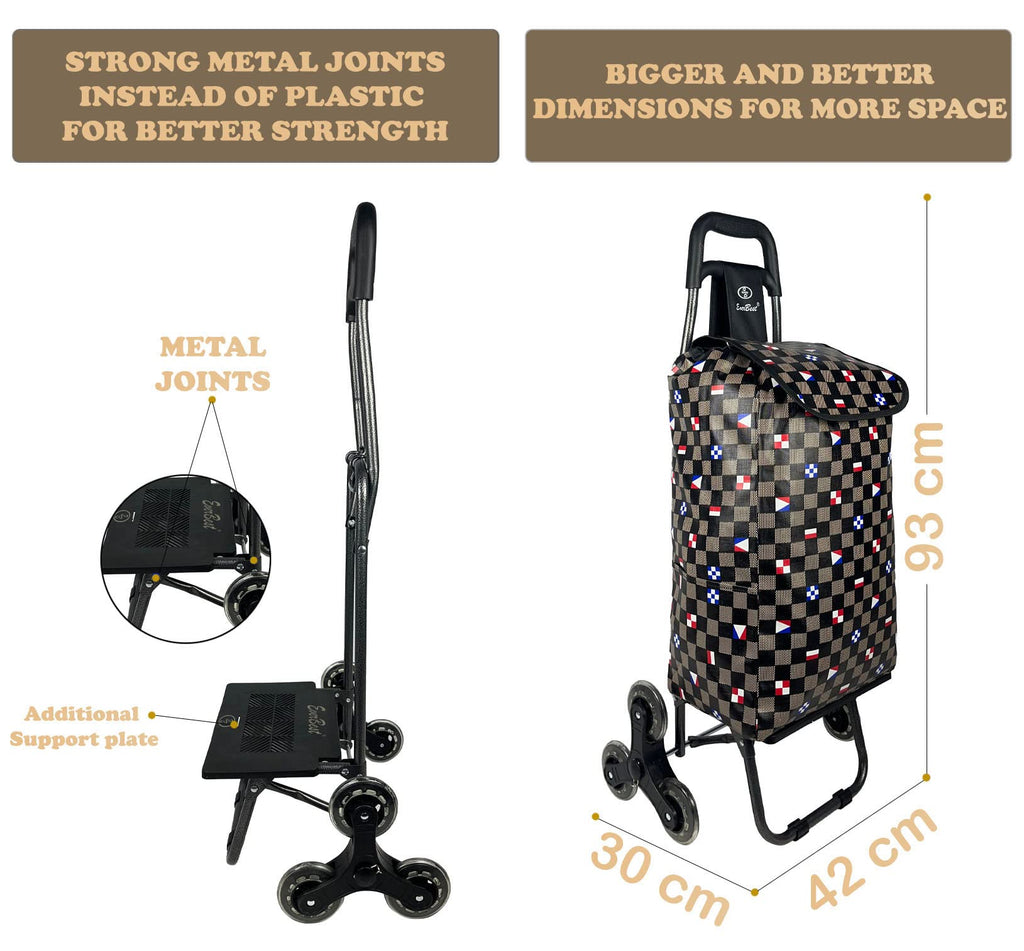 EverBest Stair Climbing Collapsible Shopping Trolley Bag with Wheels | 2 Year Warranty | Grocery, Fruits, Vegetables Basket | Laundry Cart | 38 litres Capacity, Brown Chess, Standard, modern