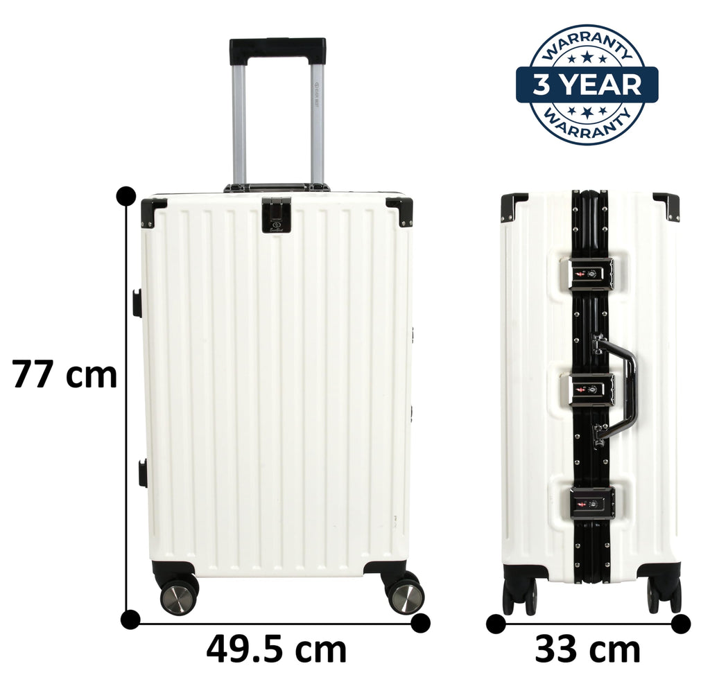 EB EVER BEST-Series Of Bags Polycarbonate Hard Case Aluminum Frame Suitcase with USB Port, Cup Holder, Phone Holder, Lightweight, 4 Quite 360° Double Wheels Trolley Bag, White, Set of 3 (20/24/28