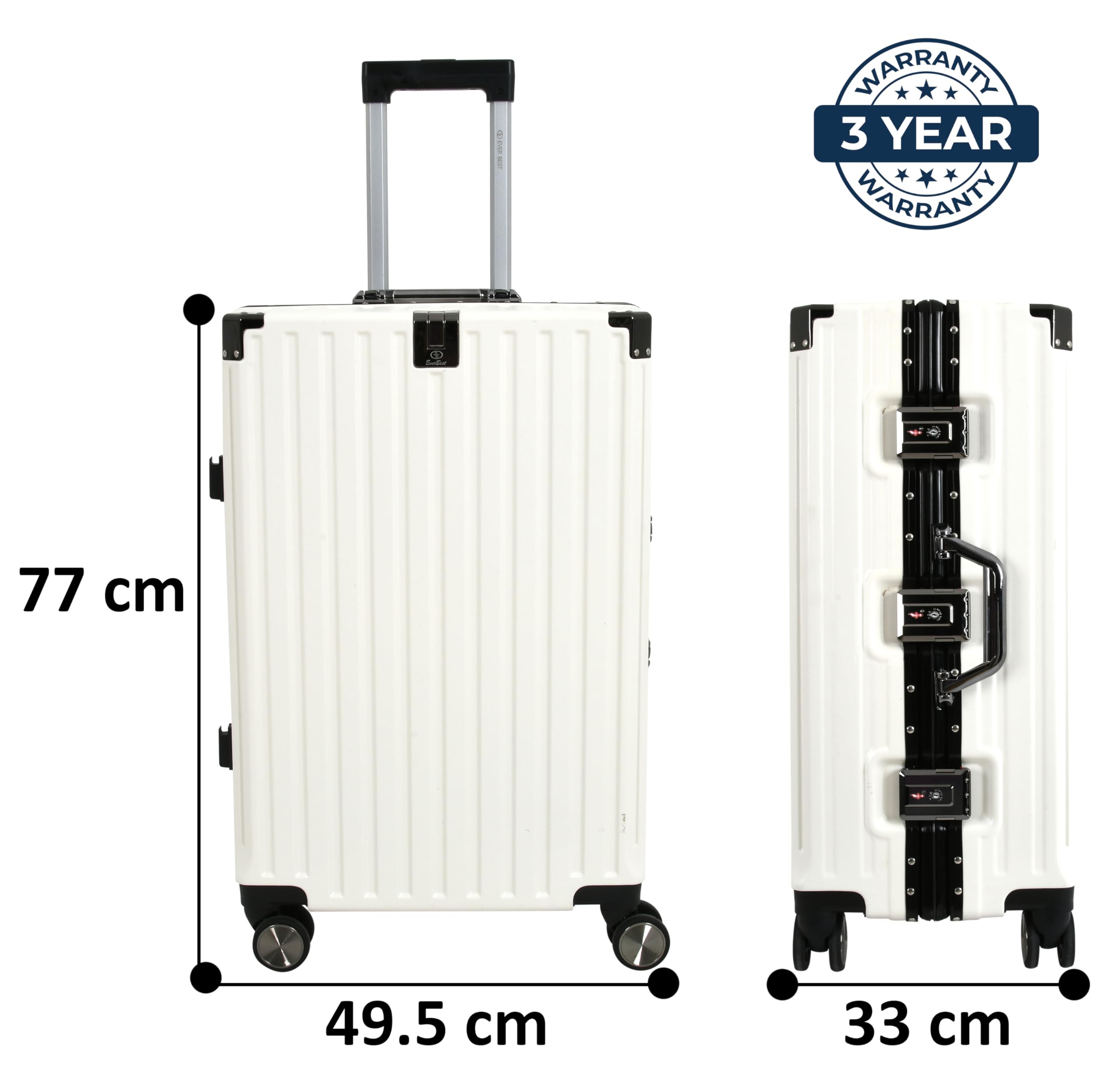 EB EVER BEST-Series Of Bags Polycarbonate Hard Case Aluminum Frame Suitcase with USB Port, Cup Holder, Phone Holder, Lightweight, 4 Quite 360° Double Wheels Trolley Bag, White, Set of 3 (20/24/28
