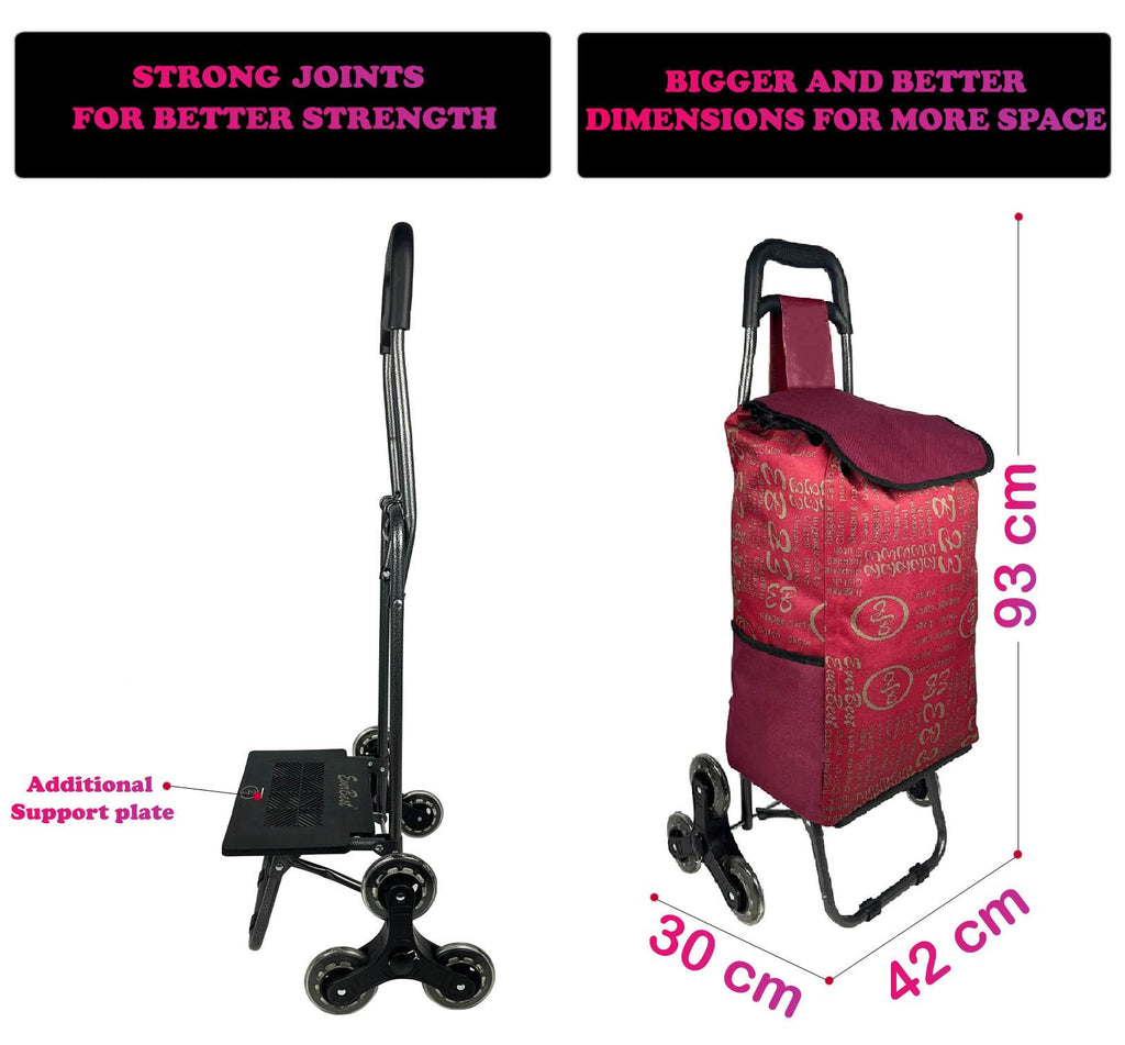 EverBest Stair Climbing Collapsible Shopping Trolley Bag with Wheels | 2 Year Warranty | Grocery, Fruits, Vegetables Basket | Laundry Cart | 38 litres Capacity (Red)
