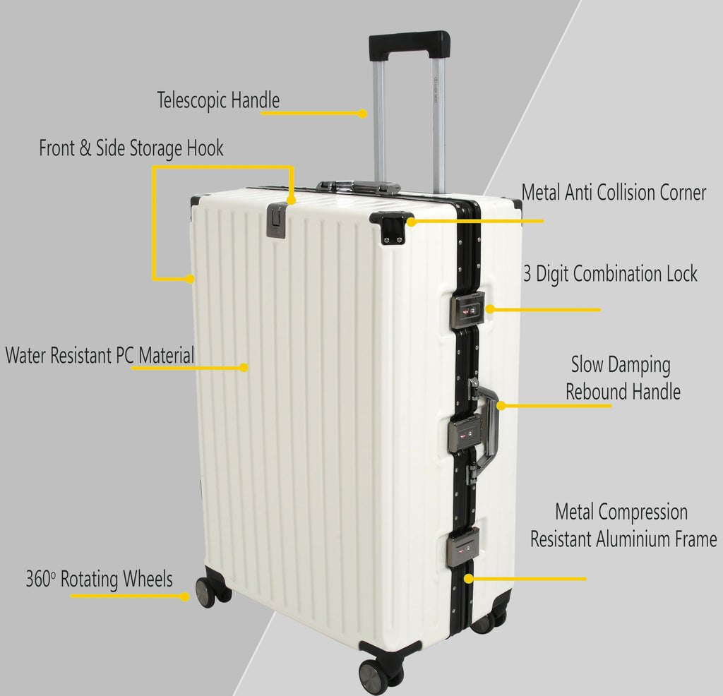EB EVER BEST-Series Of Bags Polycarbonate Hard Case Aluminum Frame Suitcase with USB Port, Cup Holder, Phone Holder, Lightweight, 4 Quite 360° Double Wheels Trolley Bag, White, Set of 3 (20/24/28