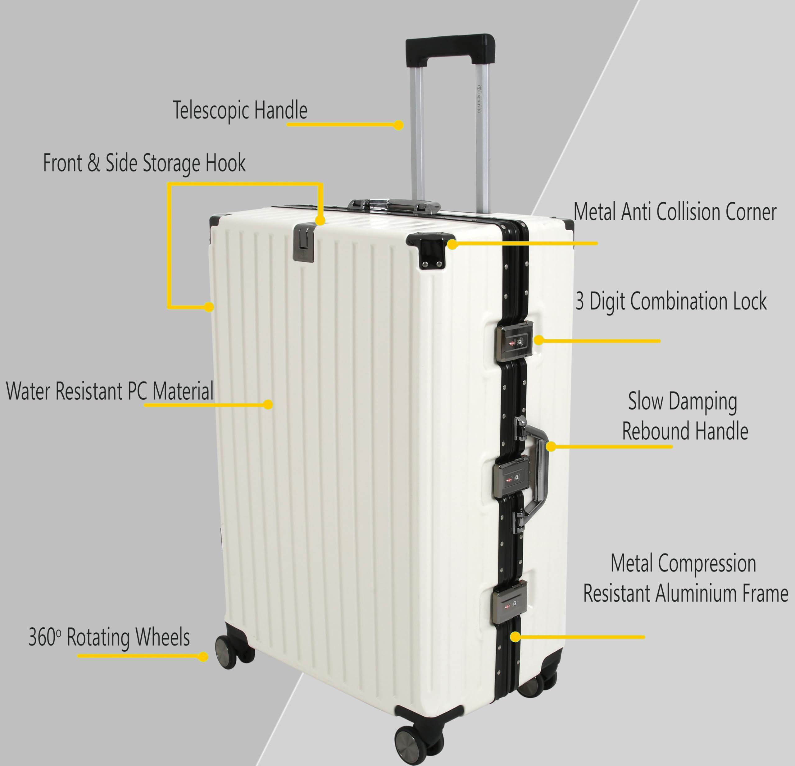 EB EVER BEST-Series Of Bags Polycarbonate Hard Case Aluminum Frame Suitcase with USB Port, Cup Holder, Phone Holder, Lightweight, 4 Quite 360° Double Wheels Trolley Bag, White, Set of 3 (20/24/28