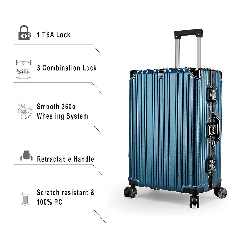 Vintage 22 Inch  Blue Aluminum Suitcase – Hard Shell Luggage with TSA Lock & Spinner Wheels