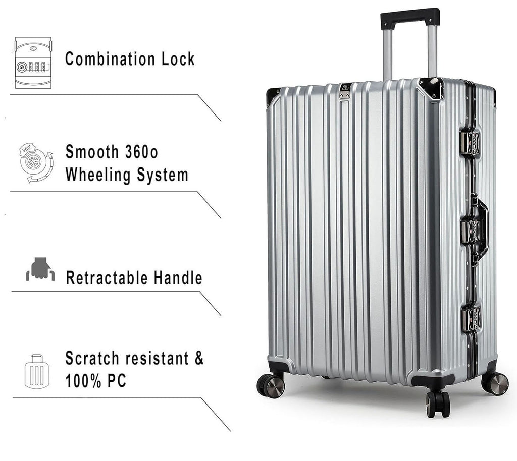 Vintage 22 And 26 Inch Sliver Aluminum Set Of 2 Suitcase  – Hard Shell Luggage with TSA Lock & Spinner Wheels