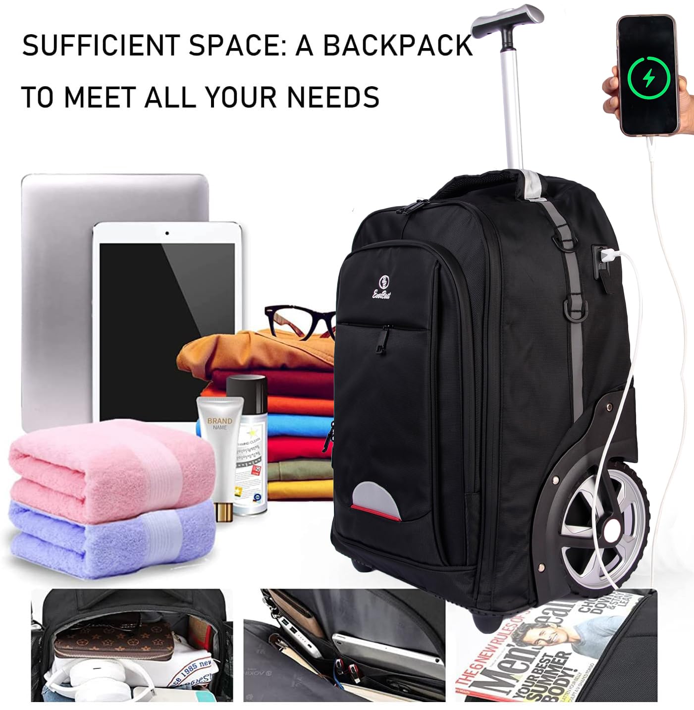 EB EVER BEST-Series Of Bags Laptop Trolley 2 Big Wheel Backpack Luggage Suitcase Compact Business Bag Student Laptop Bag for Men & Women-Black, Black, M, Casual