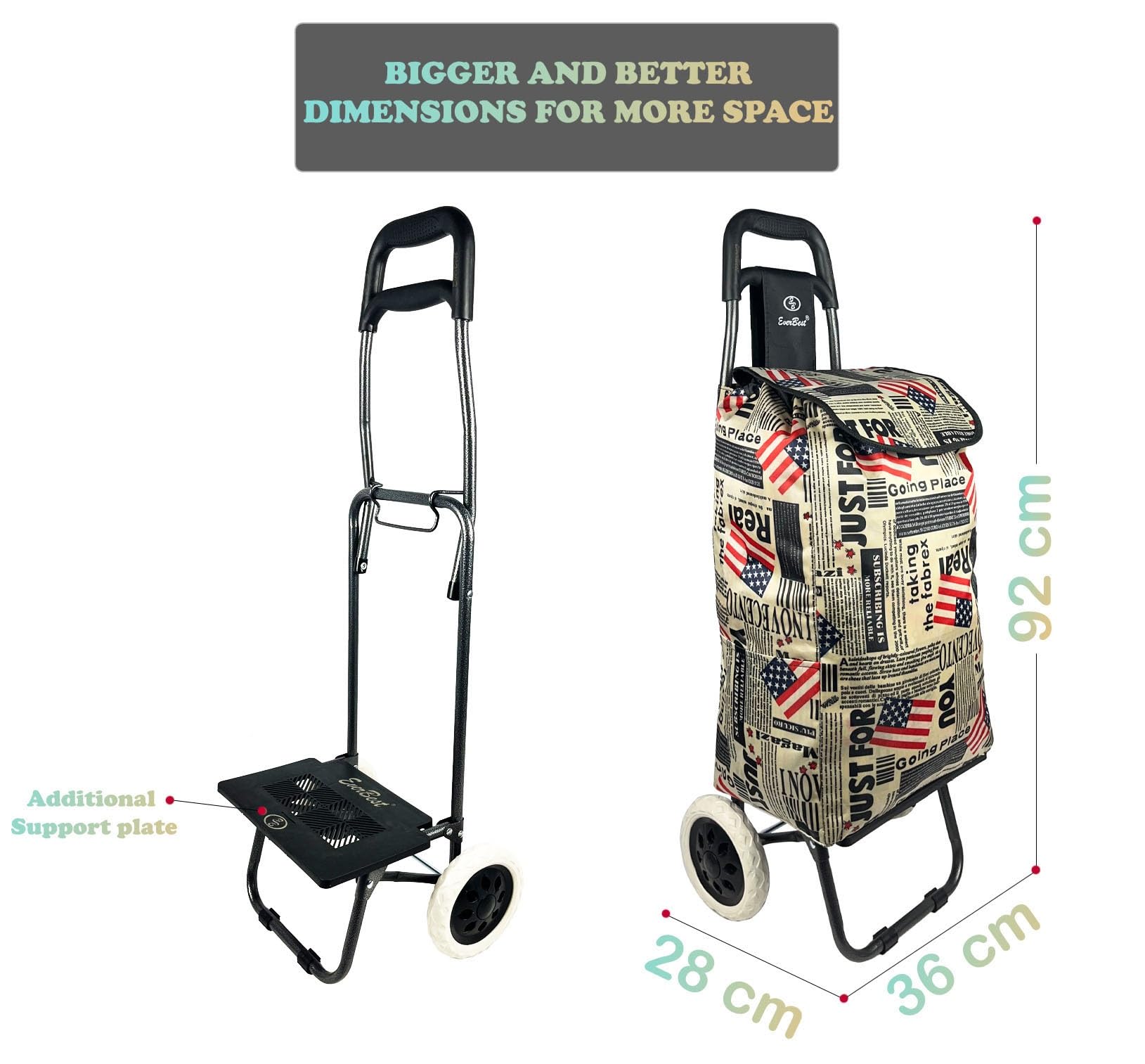 Eb Ever Best-Series Of Bags Foldable Shopping Trolley Bag with Wheels, Grocery, Fruits & Vegetables Cartbasket, 38 litres Capacity, Standard, Flag Print